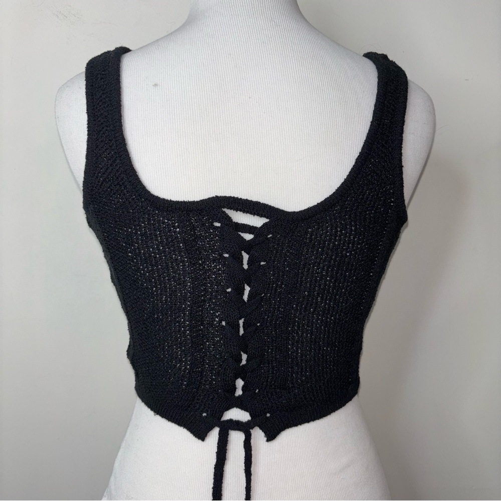 Bobbles & Lace Black Knit Crop Tank Top Crochet Corset Lace Up Grunge Gothic